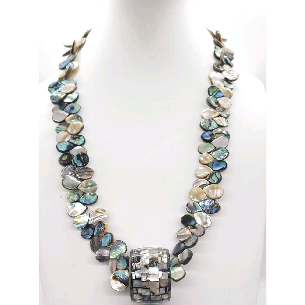 Vintage Necklace Abalone Shell & MOP Iridescent Spinning Pendant Peacock Colors